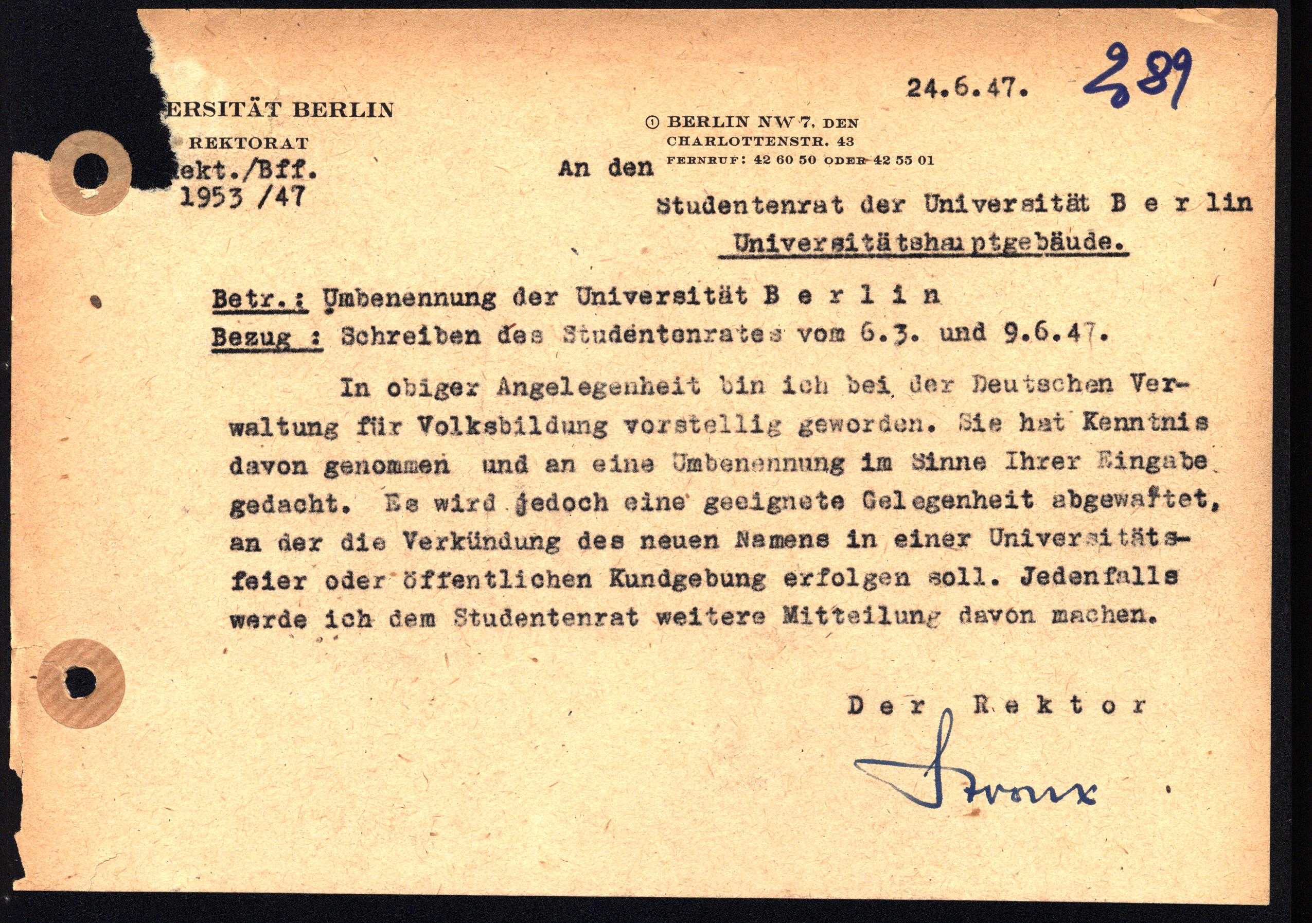 Rektor Stroux an den Studentenrat 24.6.1947