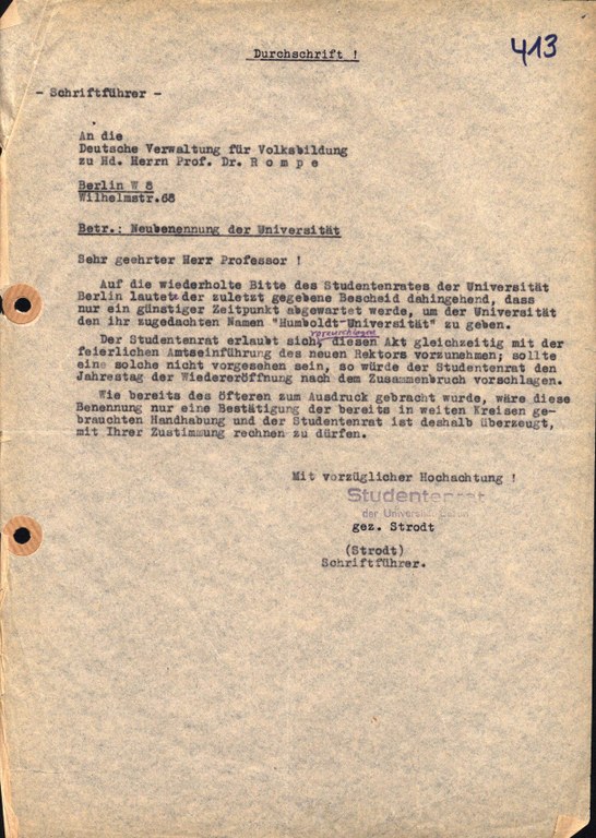 Studentenrat an die Deutsche Verwaltung für Volksbildung, 12.12.1947 Studentenrat an die Deutsche Verwaltung für Volksbildung, 12.12.1947