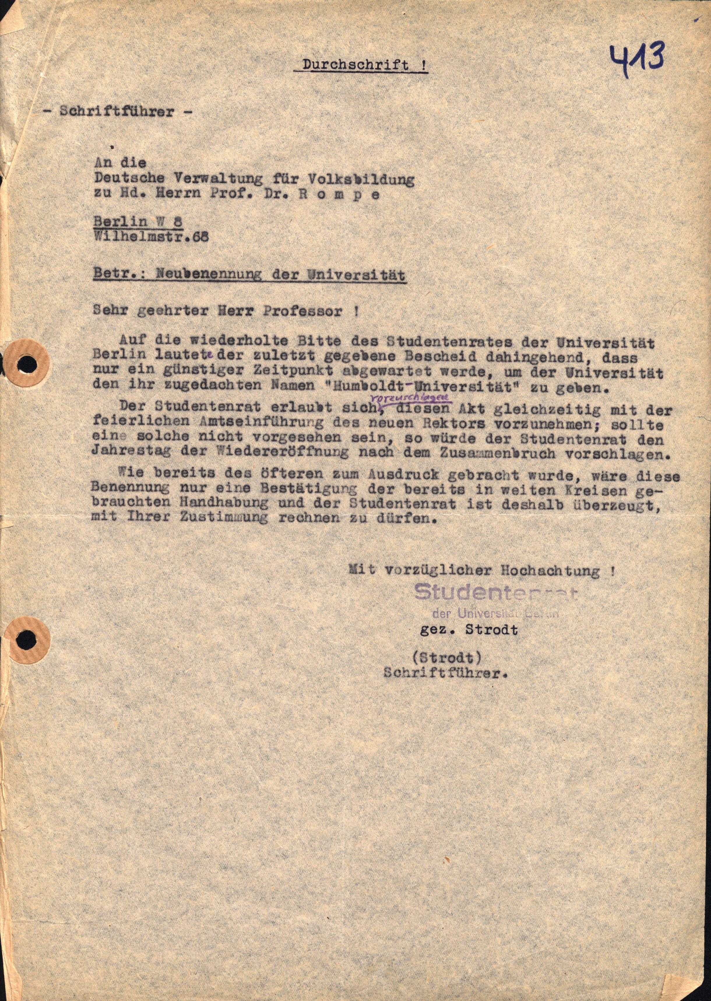Studentenrat an die Deutsche Verwaltung für Volksbildung, 12.12.1947