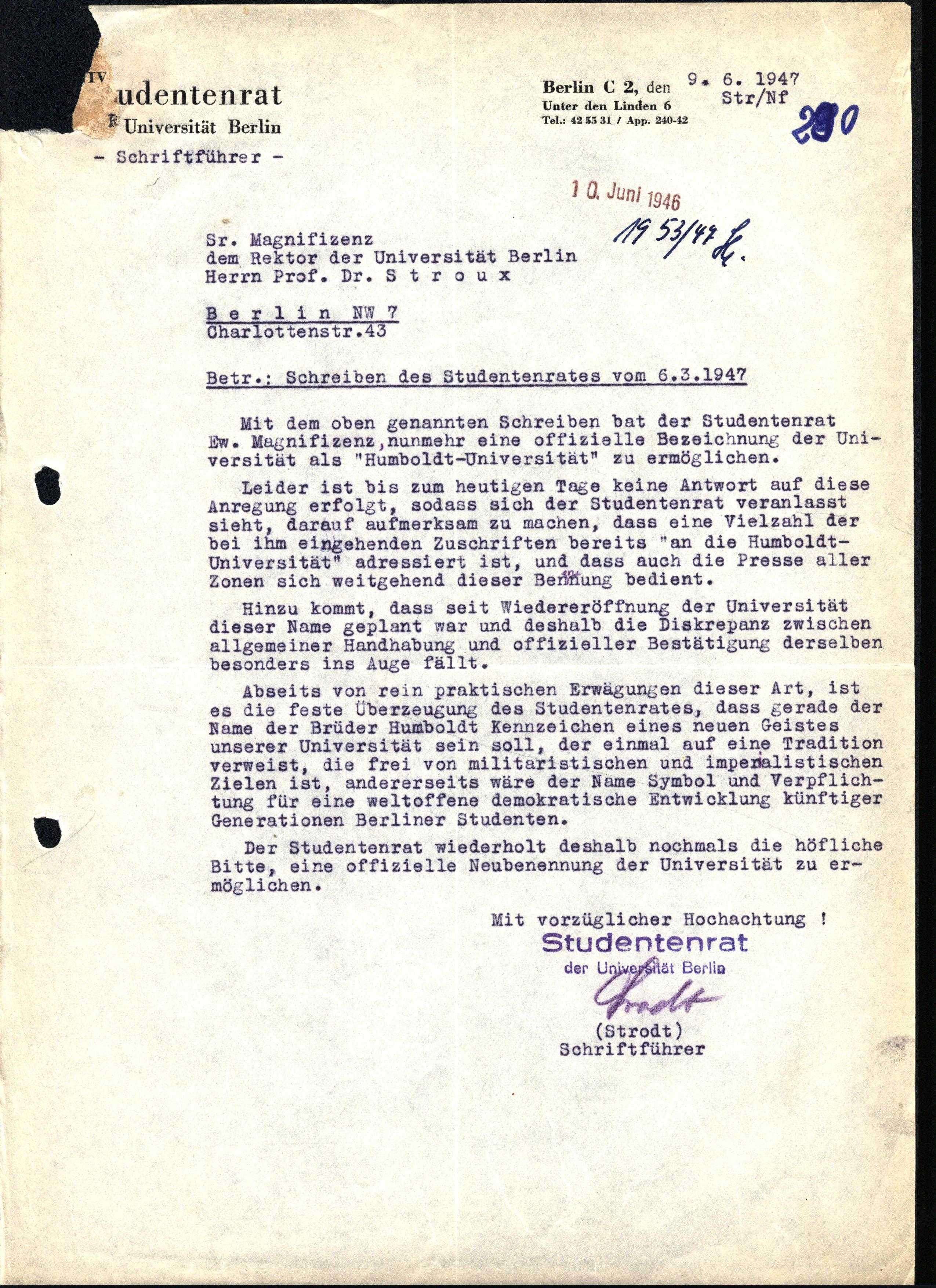 Studentenrat an Rektor Stroux, 9.6.1947