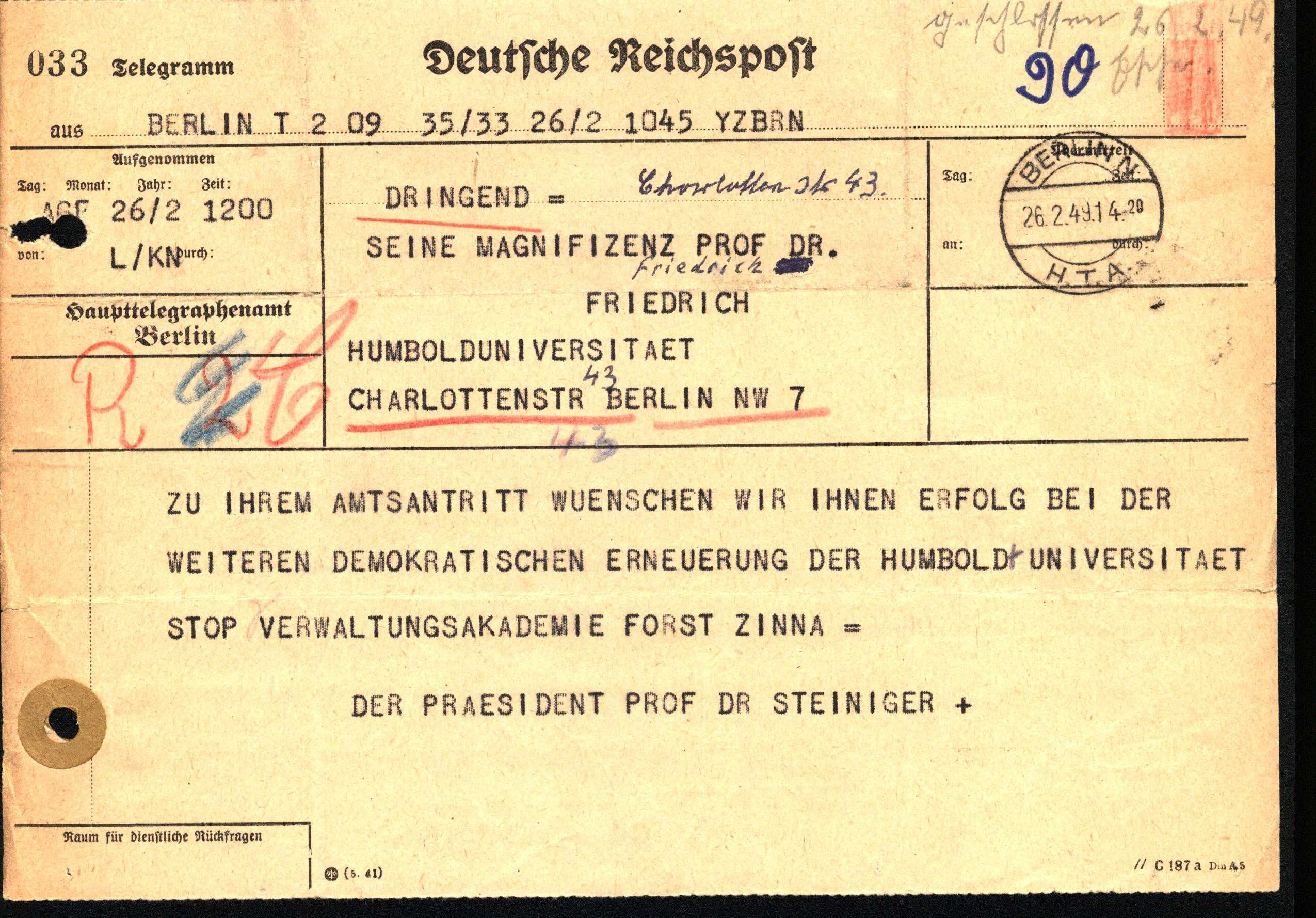 Telegramm Präsident der Verwaltungsakademie Forst Zinna, Prof. Steiniger, an Rektor der Humboldt-Universität Friedrich, 26.2.1949