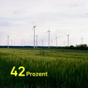 Ein grünes Feld auf dem viele Windräder stehen. Im Hintergrund sind Wälder. Die Zahl „42 Prozent“ ist grafisch hervorgehoben.