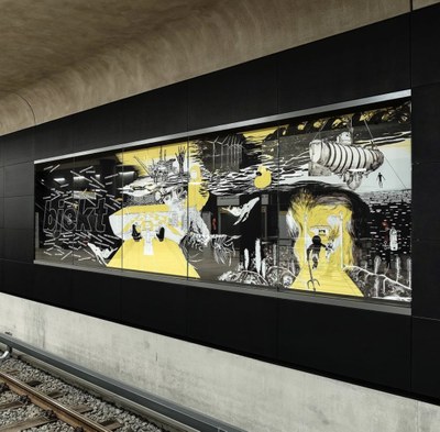 Tafel mit Wimmelbild im Bahnhof der Wissenschaften