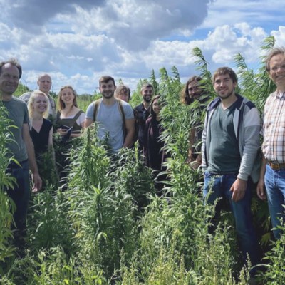 Student:innen und Betreuer:innen der Cannabis Research Class stehen in einem Cannabispflanzen-Feld.