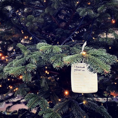 Spendenschild am Spendenbaum der Kampagne "Humboldt fördert"