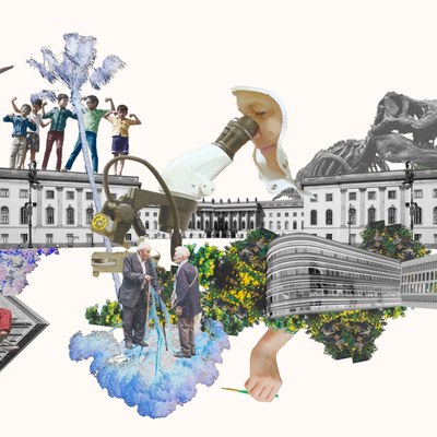 Collage aus verschiedenen Grafiken und Fotografien, die verschiedene Aspekte der Gesellschaft, der Natur und der HU abbilden.