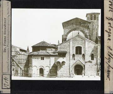 Die Kirche Santo Stefano in Bologna, Abbildung auf einem Glasdia mit Beschriftung