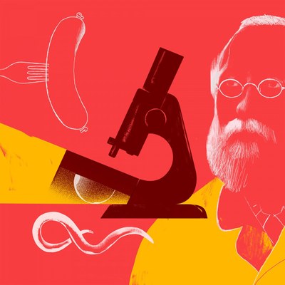 tat virchow trichinentempel 1400x q85 Grafik von Rudolf Virchow und einem Mikroskop mit rotem Hintergrund