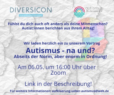 Veranstaltungsflyer für den Vortrag "Autismus - na und?" - alle Informationen auch im Text.