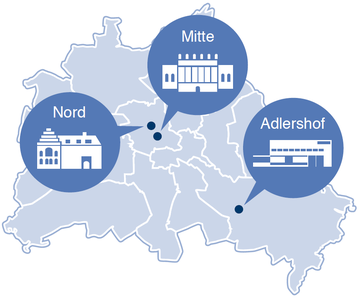 Stadtplan Darstellung der Lage der drei großen Standorte (Campus) der Humboldt-Universität innerhalb Berlins