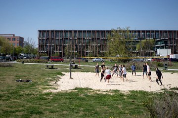Studierende spielen Beachvolleyball auf dem Campus Adlershof der Humboldt-Universität
