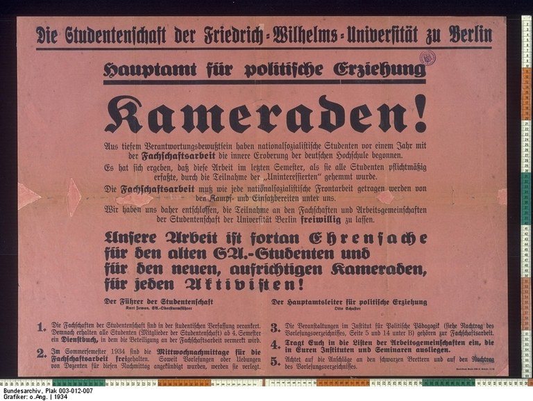Aufruf der Studentenschaft der Universität Berlin, 1934 Aufruf der Studentenschaft der Universität Berlin, 1934