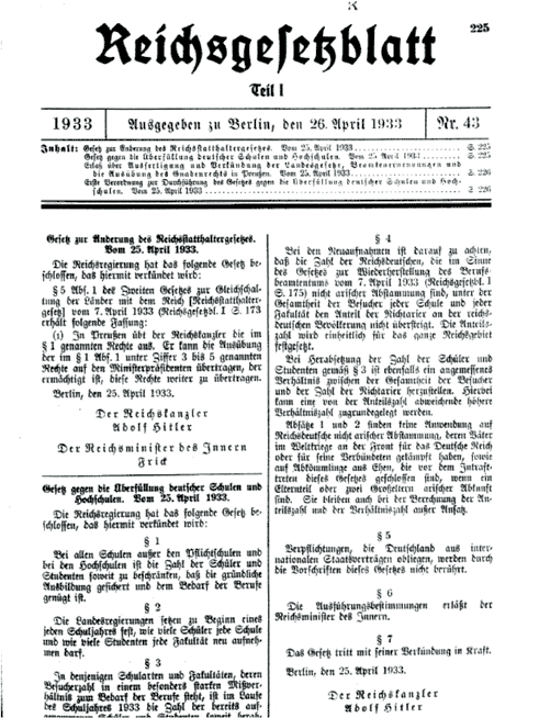 "Gesetz gegen die Überfüllung der deutschen Schulen und Hochschulen" vom 25. April 1933