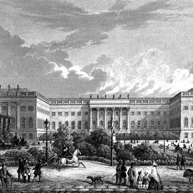 Historische Illustration der ehemaligen Parkanlage auf dem Bebeplatz und Hauptgebäudes der HU von 1855. Historische Illustration der ehemaligen Parkanlage auf dem Bebeplatz und Hauptgebäudes der HU von 1855.