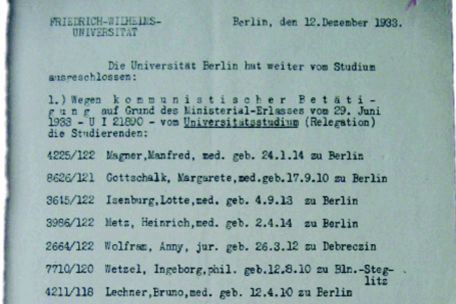 Die Liste zeigt Namen ausgeschlossener Studierende wegen feindlicher Gesinnung an der Friedrich-Wilhelms-Universität