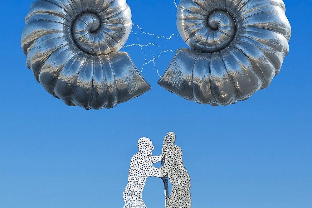 Chiral Electronics Blitze schlagen über dem Molecule Man am Berliner Ufer an der Warschauer Straße ein.