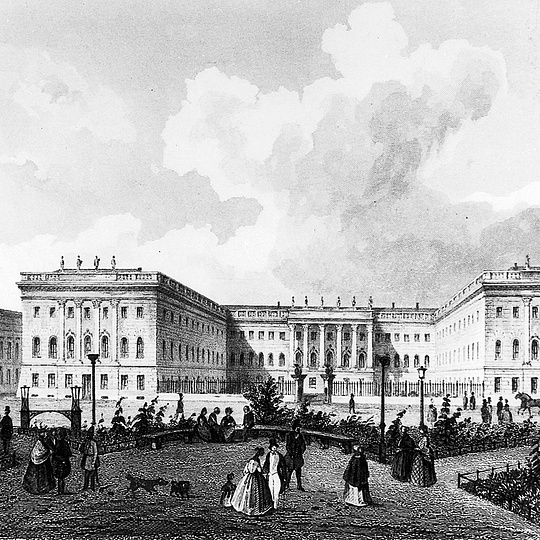 Eine alte Zeichnung aus dem Jahr 1825 vom heutigen Bebelplatz aus gesehen mit Blick auf das Hauptgebäude der Humboldt-Universität
