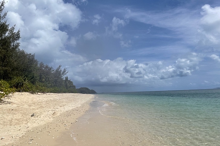 Sandstrand mit klarem Wasser und bewölktem Himmel, links Bäume am Ufer