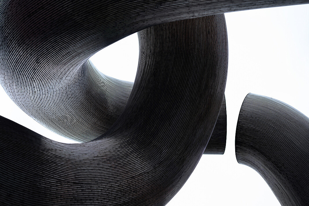 Skulptur einer gebrochenen Kette Das Bild zeigt eine abstrakte, skulpturale Struktur mit einer dynamischen und fließenden Form. Die Skulptur besteht aus mehreren gewundenen, wellenförmigen Elementen, die sich in einem komplexen Muster ineinander verschlingen.