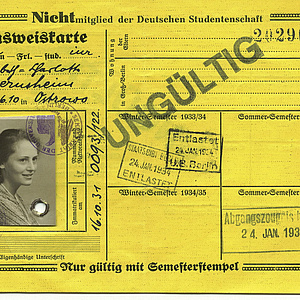 A contemporary document: the yellow ID card labelling Elisabeth-Charlotte Bollert as a "non-member of the German Student Union". The last stamp is dated 24 January 1934, with "invalid" written diagonally across the card