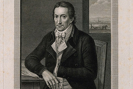 Albrecht Daniel Thaer Porträt von Albrecht Thaer, einem Mann in zeitgenössischer Kleidung, sitzend mit einem Buch, vor einem Fenster mit Landschaft.