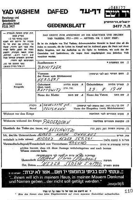 Yad Vashem memorial sheet in memory of Herbert Brinitzer.
