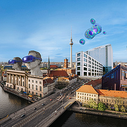 Panoramgrafik der Berliner Universitäten digital verändert. Satelitten über die TU, die Humboldt-Brüder mit VR-BRillen und Seifenblasen mit Molekülen, die über die Charité schweben