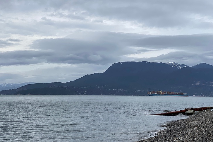 Kieselstrand mit Treibholz im Vordergrund, grauer Ozean, Containerschiff und schneebedeckte Bergkette unter bewölktem Himmel – typische Küstenlandschaft in British Columbia.