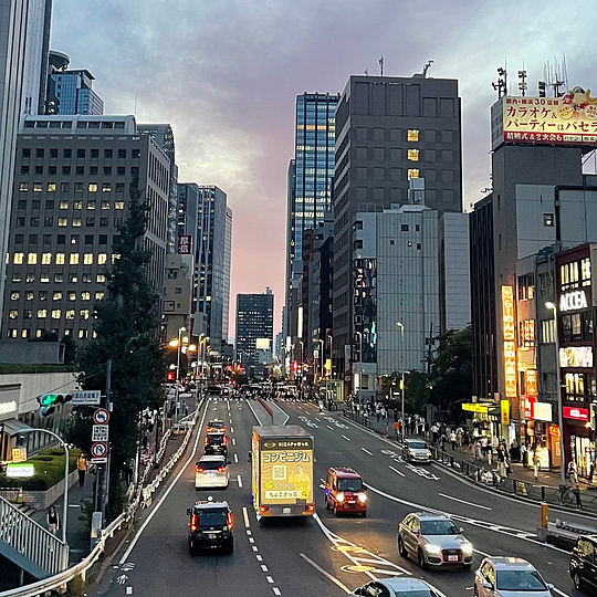 Straße in einer Stadt mit mehrspuriger Fahrbahn, umgeben von hohen Gebäuden und beleuchteten Werbetafeln bei Dämmerung