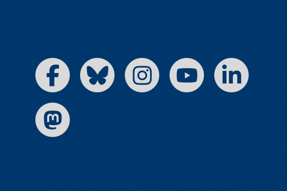 Der Screenshot zeigt die Icons von Facebook, Bluesky, Instagram, YouTube und mehr