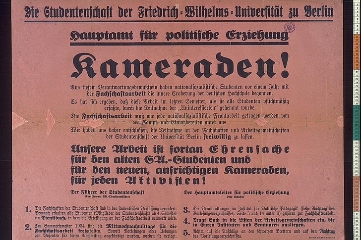Ein Plakat mit dem Aufruf zur "freiwilligen" Mitarbeit in den Fachschaften