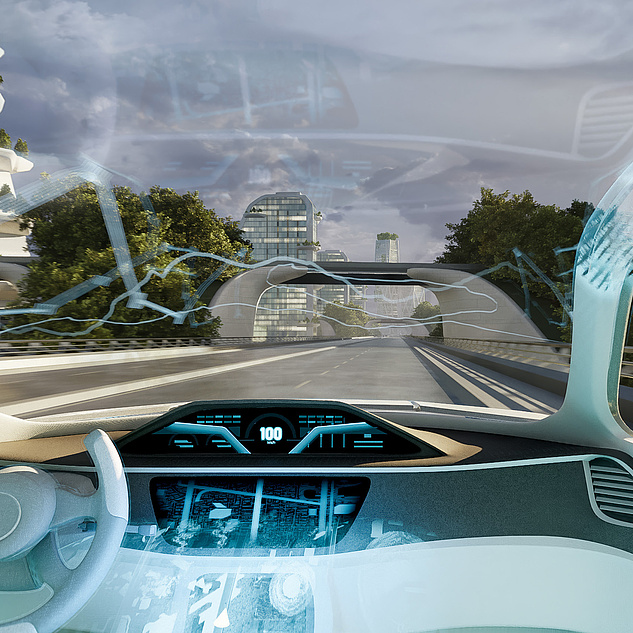 Die Abbildung zeigt die Sicht aus dem Inneren eines futuristischen, autonom fahrenden Fahrzeugs in einer modernen, grünen Stadt. Im Vordergrund ist das futuristische Armaturenbrett mit einem digitalen Display zu sehen, das eine Geschwindigkeit von 100 km/h anzeigt.