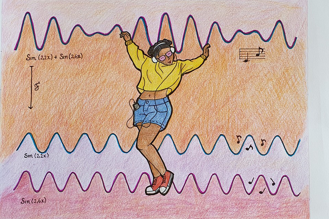 Zeichnung einer POC-Person, die zu wellenförmigen Grafiken tanzt. Sie streckt die Hände in die Luft und hat weiße Kopfhörer auf. Sie trägt ein gelbes Shirt und einen blauen Jeansrock und trägt rote Sneakers.
