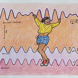 Zeichnung einer POC-Person, die zu wellenförmigen Grafiken tanzt. Sie streckt die Hände in die Luft und hat weiße Kopfhörer auf. Sie trägt ein gelbes Shirt und einen blauen Jeansrock und trägt rote Sneakers.
