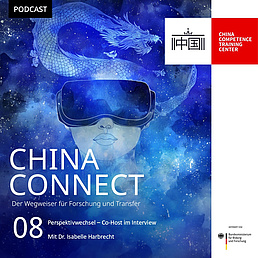 Poster in shades of blue depicting a face wearing virtual reality glasses. At the bottom of the poster is written: "China connect".