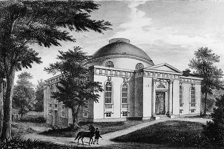 Tieranatomisches Theater Eine historische Zeichnung des Tieranatomischen Theaters. Ein Gebäude mit runder Kuppel, einem Pferd vor dem Gebäude, umgeben von einer Grünanlage.