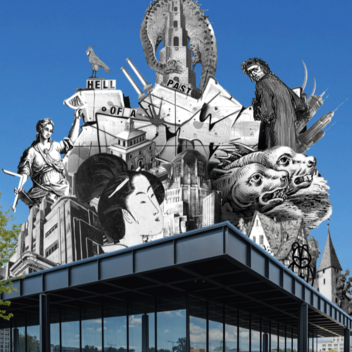 Temporal Communities - Literature in a Global Perspective Eine Collage aus Artefakten und Zeugnissen aus diversen Zeiten und Kulturen inszeniert auf der Neuen Nationalgalerie.