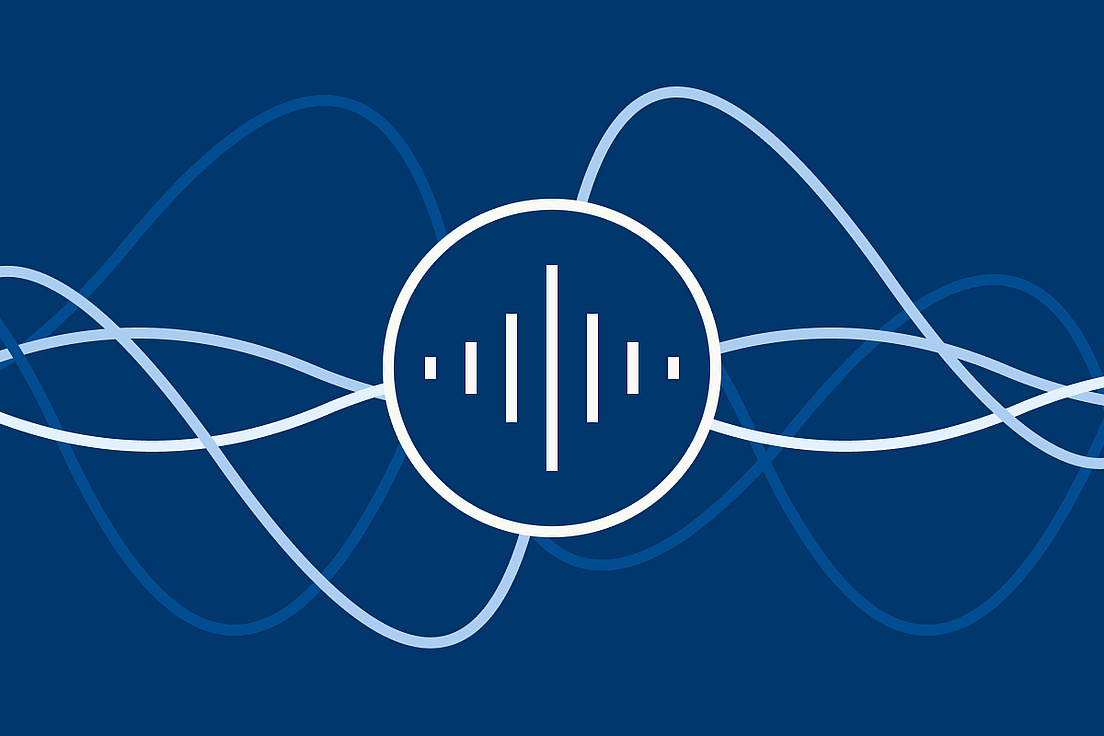 Blaue Grafik mit einem Wellenformmuster und Schallwelle für Podcastss