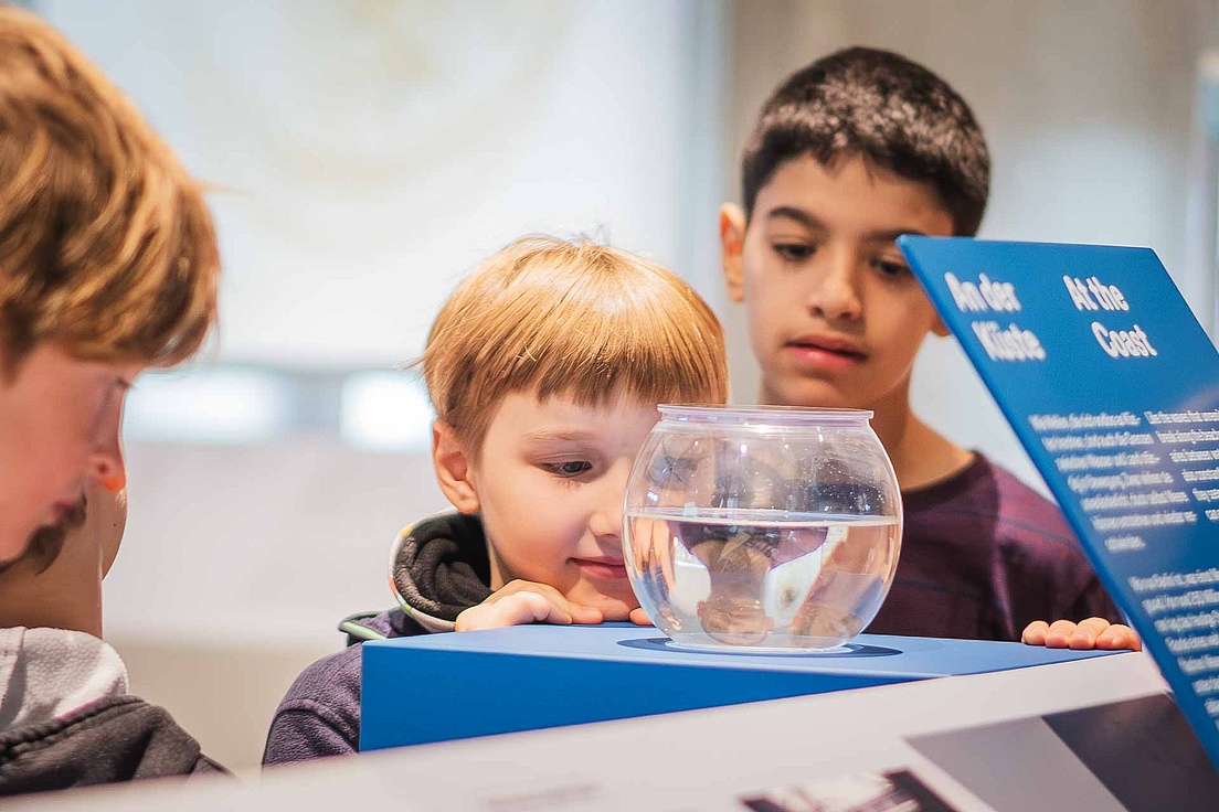 Three children, one child looking into a round glass of water