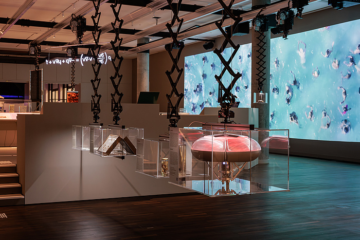 Objekte in Vitrinen im Ausstellungsraum. Im Hintergrund ist eine Projektion mit einer Vielzahl von Menschen im Wasser, die ihre Hände in die Luft strecken