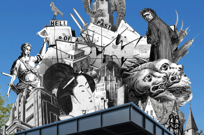 Eine Collage aus Artefakten und Zeugnissen aus diversen Zeiten und Kulturen inszeniert auf der Neuen Nationalgalerie. 