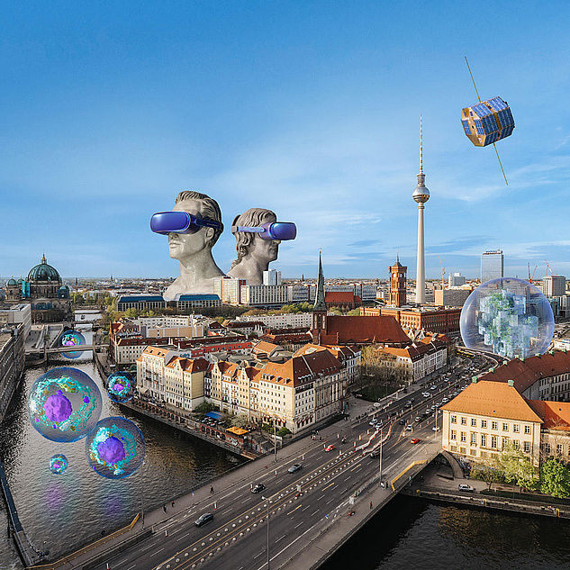 Das Bild zeigt eine futuristische Darstellung der Stadt Berlin mit verschiedenen Elementen, die Technologie und Innovation symbolisieren.  Im Vordergrund ist die Spree zu sehen, die durch die Stadt fließt. Auf dem Fluss sind mehrere transparente Kugeln zu erkennen, die farbige, strukturierte Muster enthalten. Diese Kugeln könnten als Symbol für molekulare Strukturen oder Datenvisualisierungen interpretiert werden.