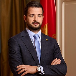 Präsident Milatovic steht aufrecht vor einer Flagge Montenegros. Er hat die Arme überkreuzt und blickt direkt in die Kamera.