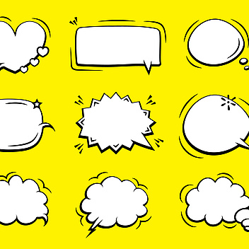 Mehrere schwarz-weiße Sprechblasen und Denkblasen in verschiedenen Formen auf gelbem Hintergrund