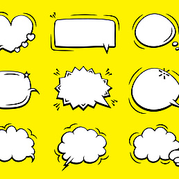 Collection of comic book speech bubbles on yellow background vector 10 eps Multiple black-and-white speech and thought bubbles in various shapes on a yellow background