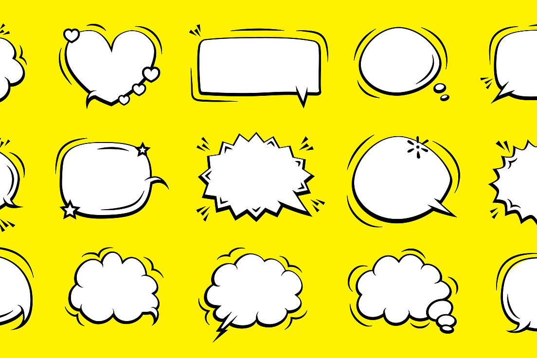 Mehrere schwarz-weiße Sprechblasen und Denkblasen in verschiedenen Formen auf gelbem Hintergrund