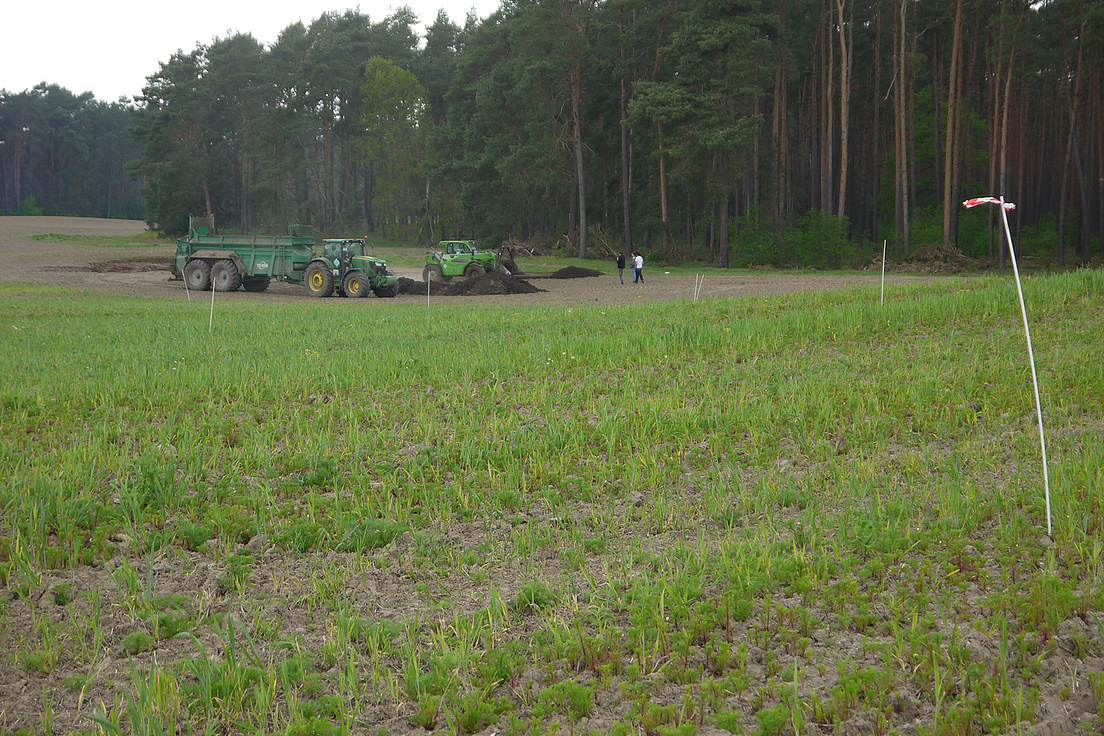 Zu sehen ist ein Feld im Hintergrund ist eine landwirtschaftliche Maschine zu sehen, die den Dünger aus menschlichen Ausscheidungen auf dem Feld verteilt. Im Hintergrund ist der Anfang eines Waldes zu sehen. 