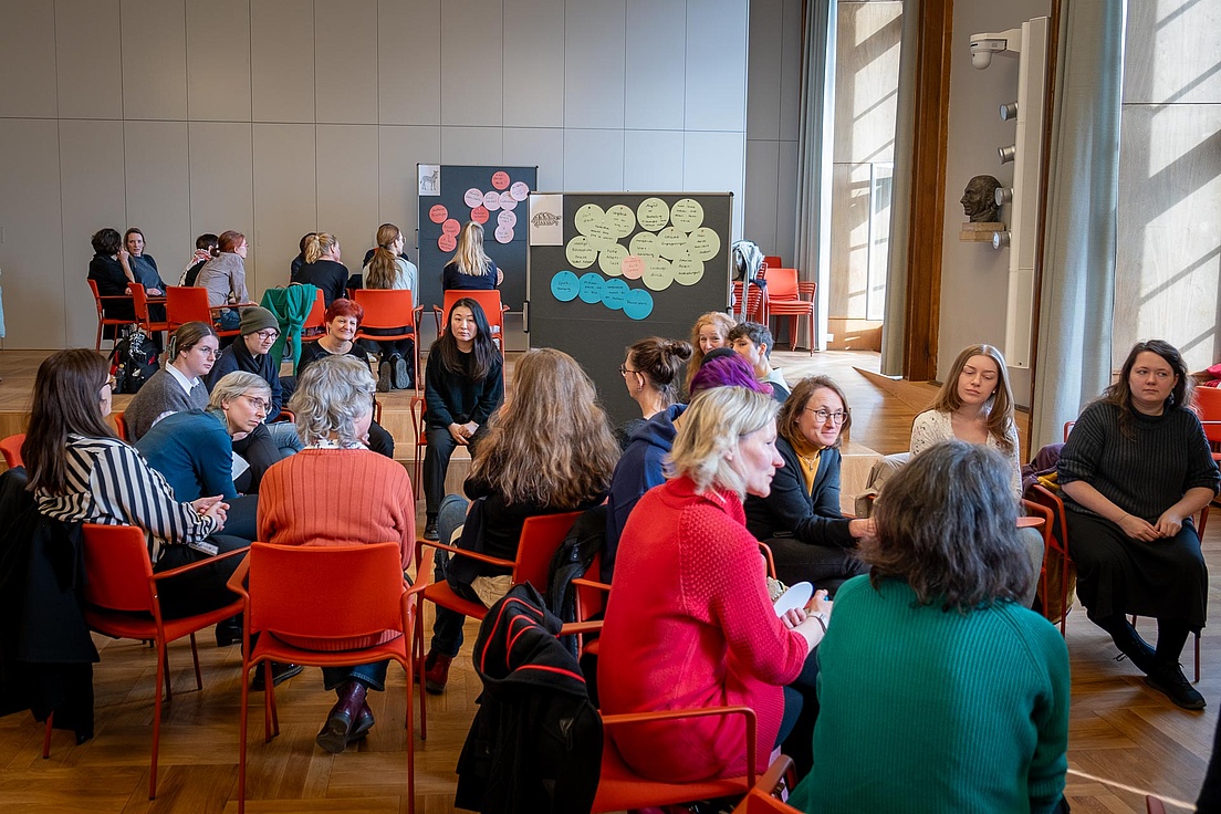 Participants at the 2025 Women's Plenary Assembly sit in small groups and discuss the workshop topic.