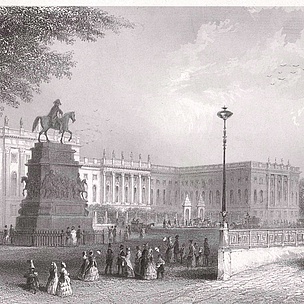 Ein historische Zeichnung des Hauptgebäudes mit dem Reiterdenkmal von Friedrich dem Großen