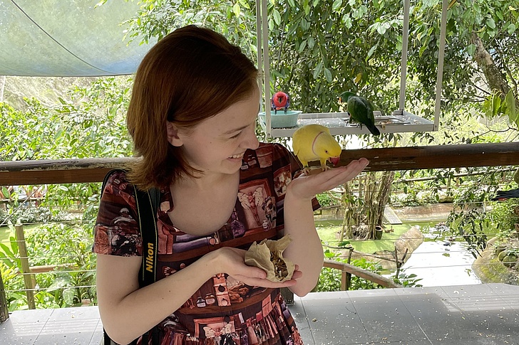 Frau mit braunem Haar hält eine gelbe und eine grüne Papagei auf der Hand und auf einem Geländer in einem Garten mit Bäumen und Pflanzen